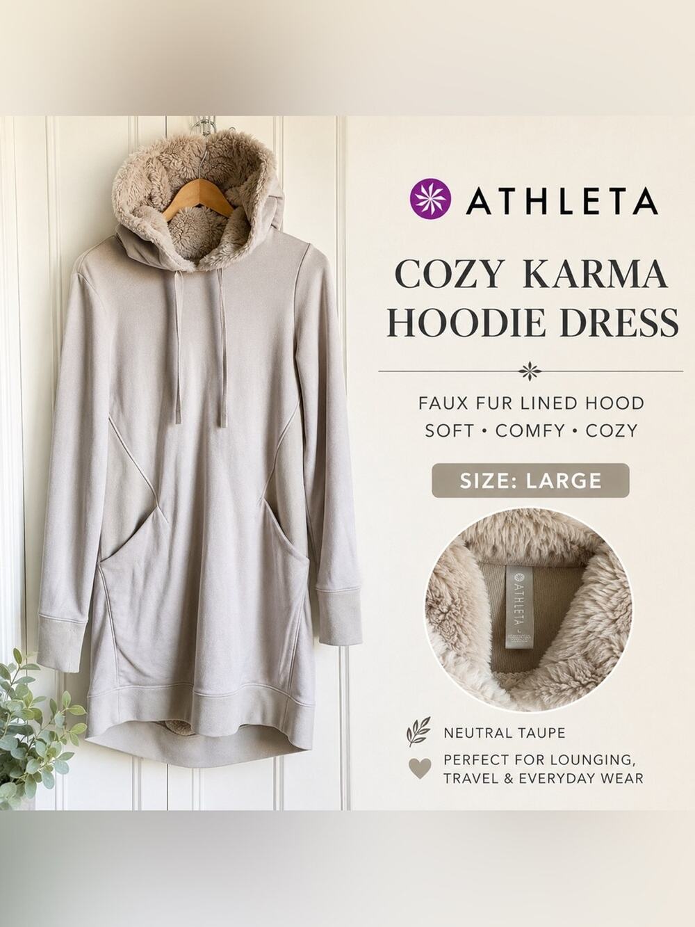 Athleta Cozy Karma Faux Fur Hoodie Dress Taupe Beige Sz L Pullover Sweatshirt
